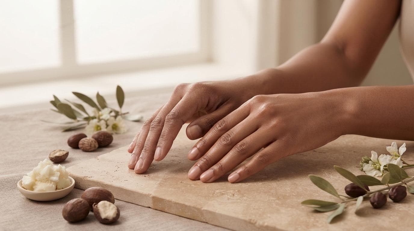 Moisturized hands resting on stone with shea nuts and botanicals