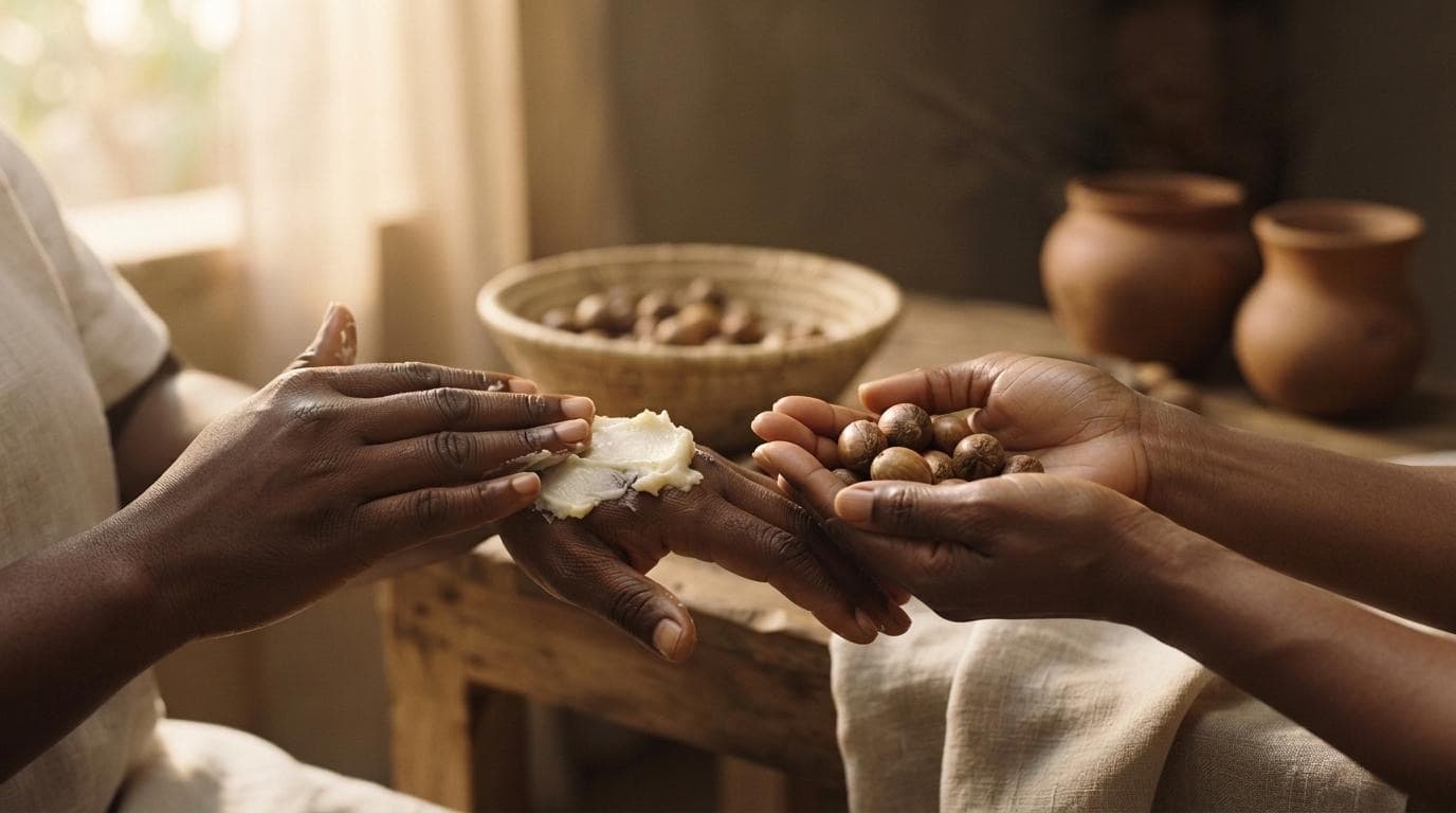 Hands passing shea butter with shea nuts — sourcing tradition
